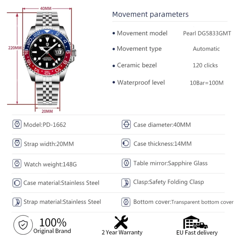 GMT Automatic Watch with Left Crown Sapphire Crystal and Stainless Steel Bracelet - Image 6