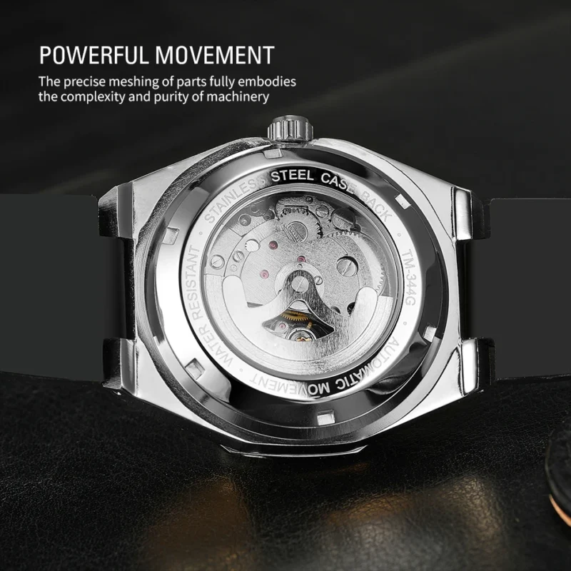 Octagon Skeleton Automatic Watch with Stainless Steel Case and Rubber Strap - Image 5