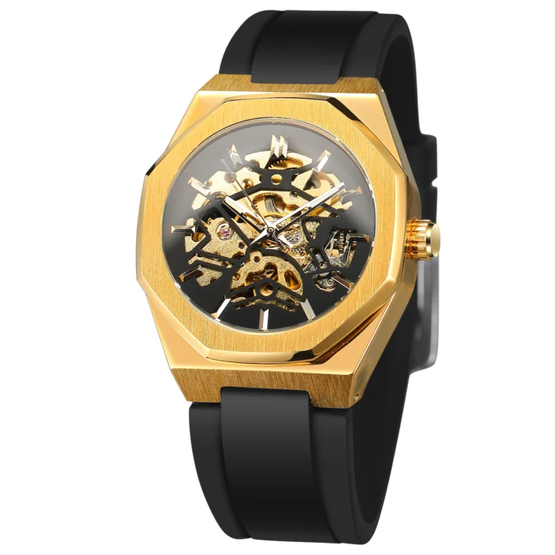 Octagon Skeleton Automatic Watch with Stainless Steel Case and Rubber Strap - Image 9