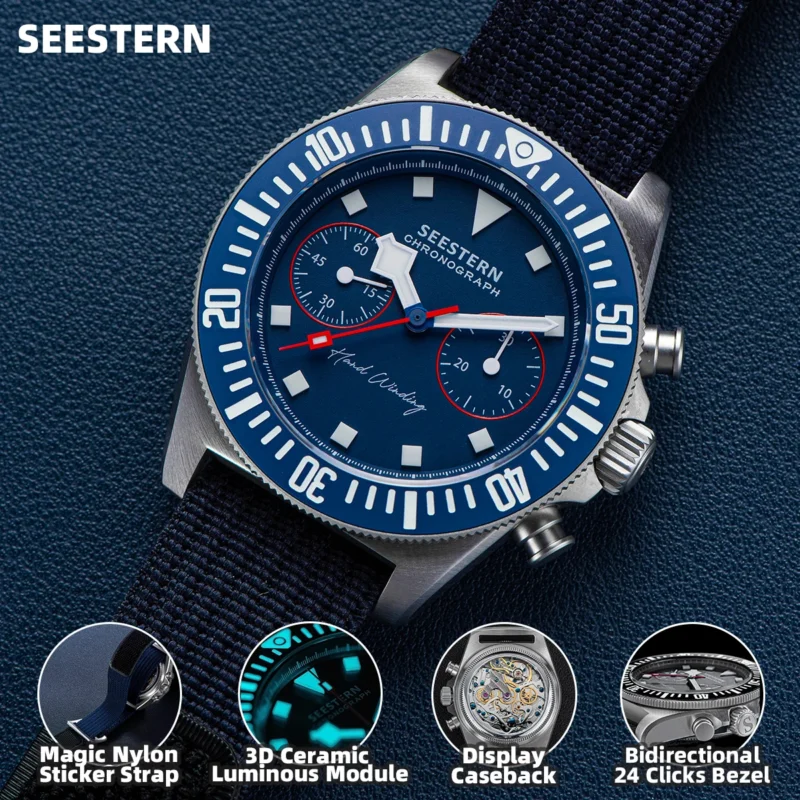 Vintage-Inspired Mechanical Chronograph Watch with Sapphire Crystal and Nylon Strap