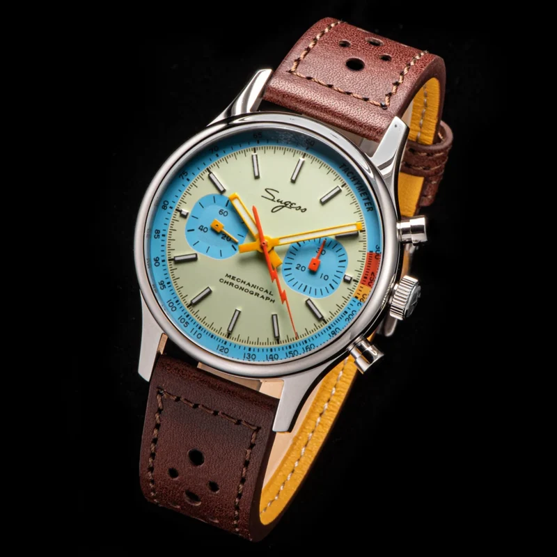 Vintage Pilot Chronograph Mechanical Watch with Sapphire Crystal and Leather Strap - Image 8