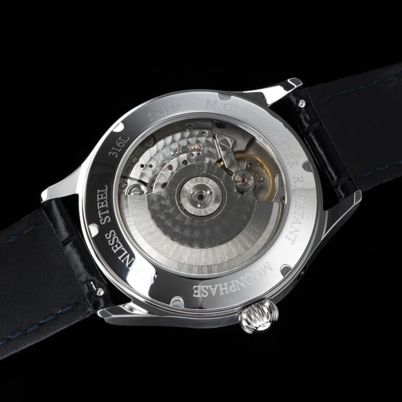 Luxury Automatic Moonphase Watch with Sapphire Crystal and Leather Strap - Image 2