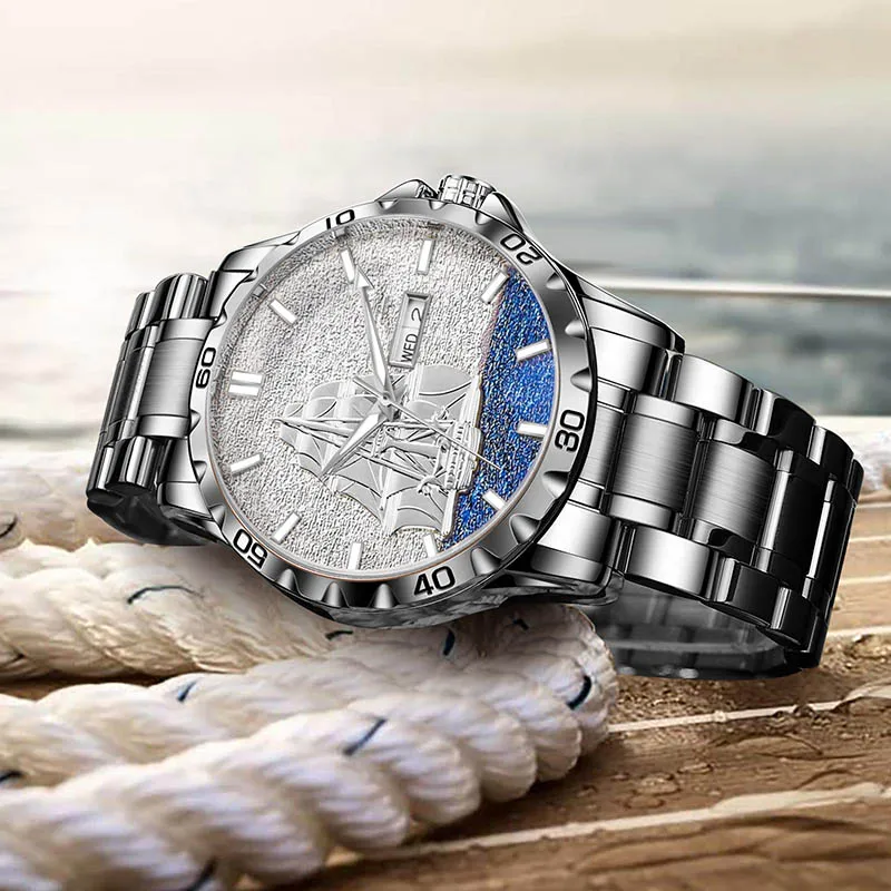 Luxury automatic moonphase watch with multi-calendar display and leather strap