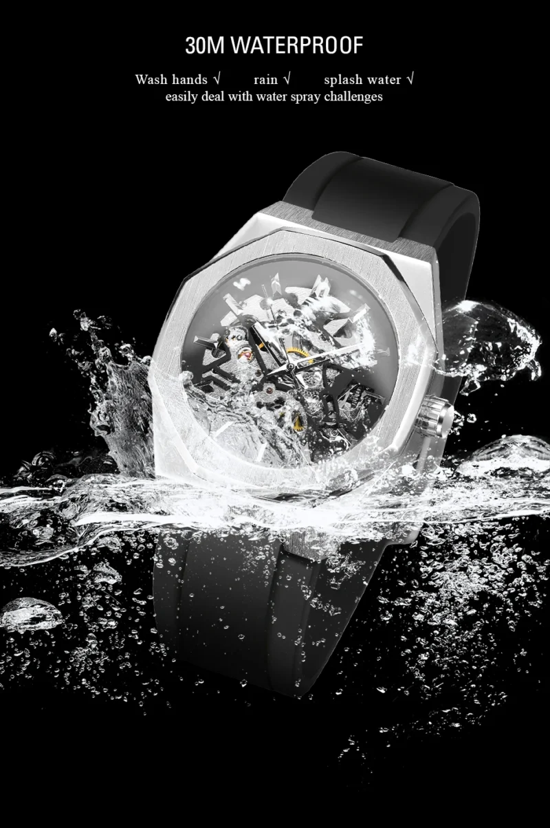 Octagon Skeleton Automatic Watch with Stainless Steel Case and Rubber Strap - Image 6