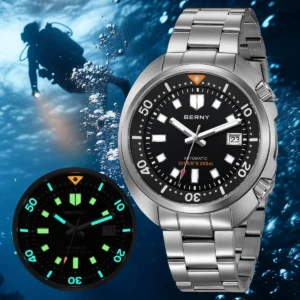 Professional Automatic Dive Watch with Sapphire Crystal and Stainless Steel Bracelet