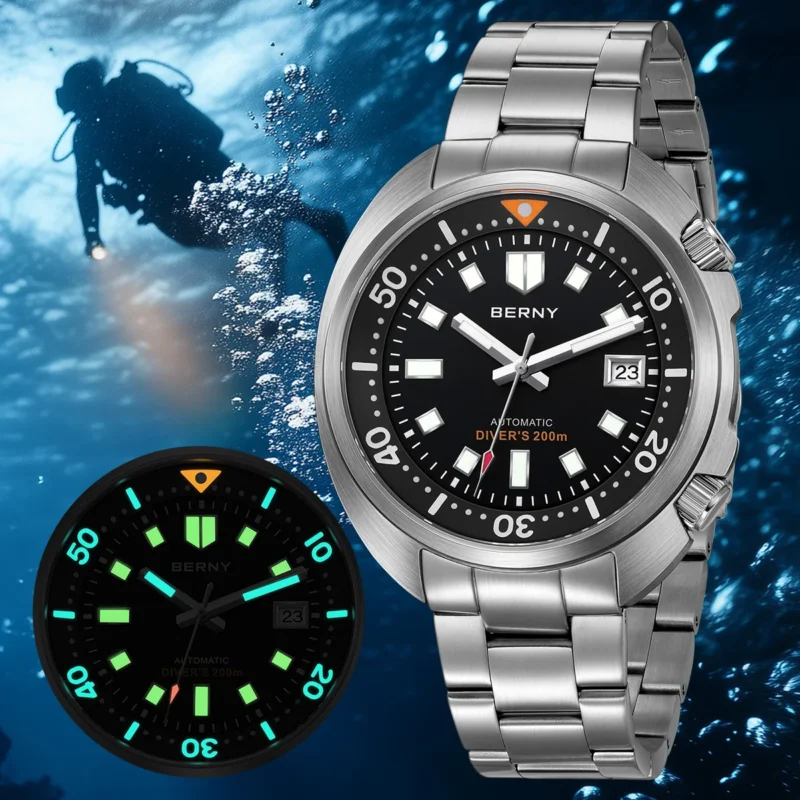 Professional Automatic Dive Watch with Sapphire Crystal and Stainless Steel Bracelet