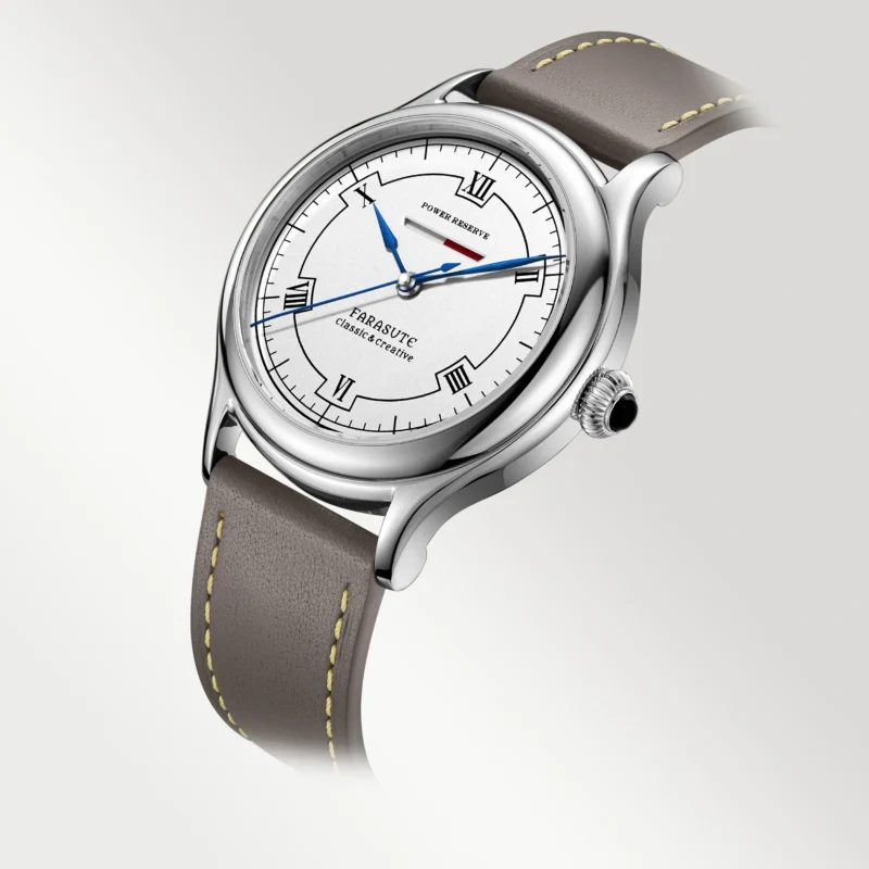 Luxury Oval Manual Wind Watch with Salmon Dial, Power Reserve, and Genuine Leather Strap - Image 2
