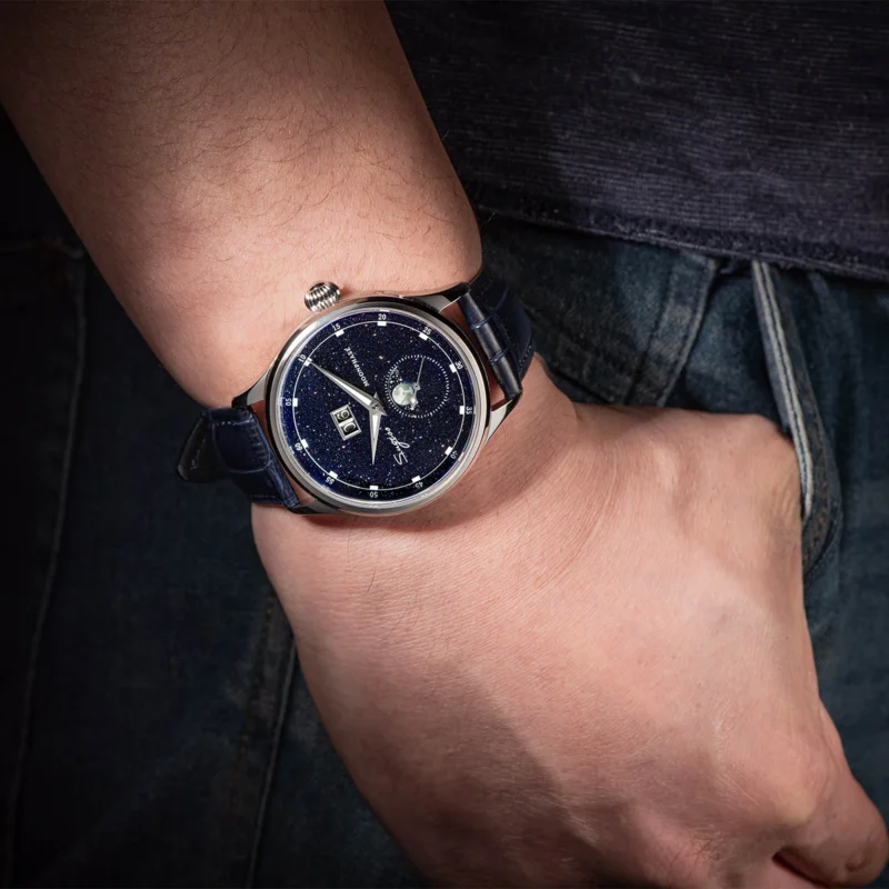Luxury Moonphase Automatic Watch with Blue Sandstone Dial and Leather Strap - Image 6