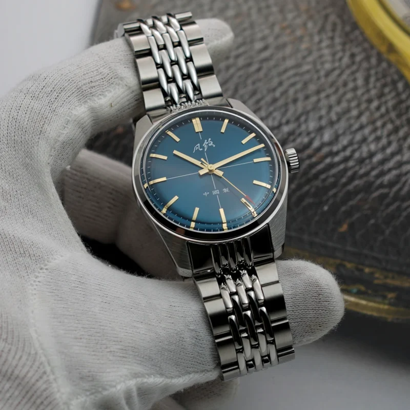 Vintage Salmon Dial Hand-Wind Mechanical Dress Watch with Canvas Strap - Image 13