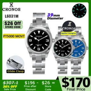 Cronos Luxury Automatic Dive Watch with PT5000 Movement, Sapphire Crystal and Brushed Stainless Steel Bracelet