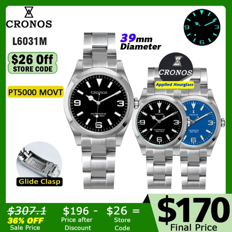 Cronos Luxury Automatic Dive Watch with PT5000 Movement, Sapphire Crystal and Brushed Stainless Steel Bracelet