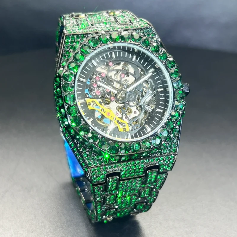 Luxury Skeleton Tourbillon Automatic Watch with Diamond Accents and Green Dial - Image 2