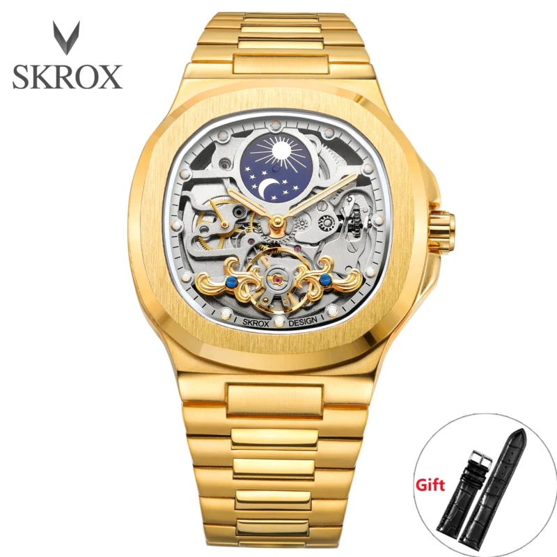Square Skeleton Automatic Moon Phase Watch with Sapphire Crystal and Stainless Steel Bracelet - Image 10