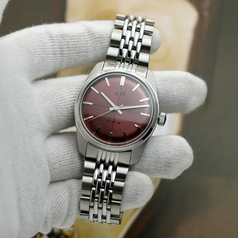 Vintage Salmon Dial Hand-Wind Mechanical Dress Watch with Canvas Strap - Image 2