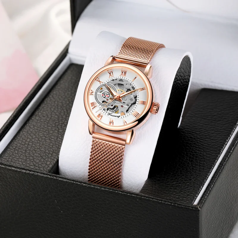 Ladies Luxury Skeleton Mechanical Watch with Stainless Steel Bracelet - Image 3