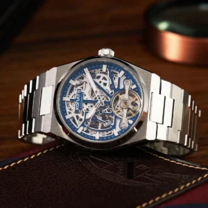 Luxury Skeleton Automatic Watch with Sapphire Crystal and Stainless Steel Bracelet