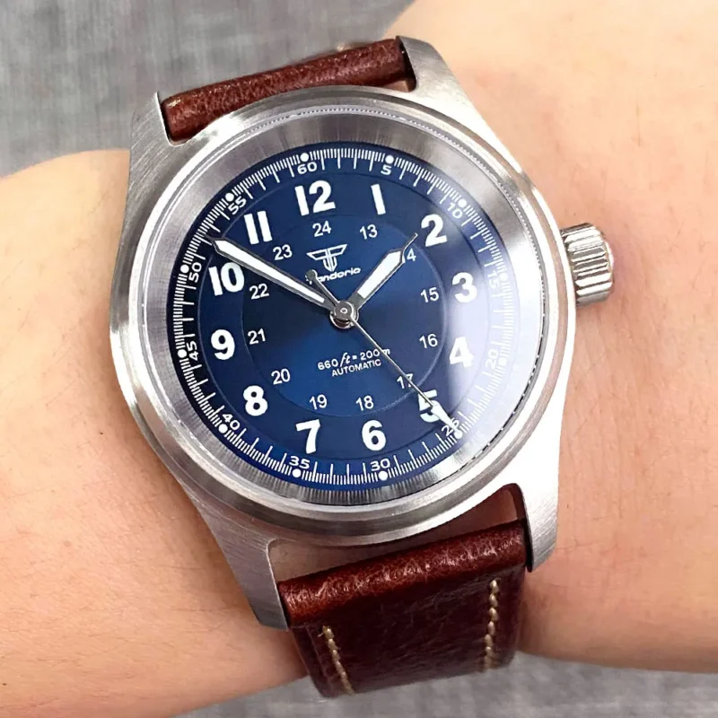 Vintage Bronze 36mm Automatic Pilot Watch with Sapphire Crystal and Leather Strap - Image 11