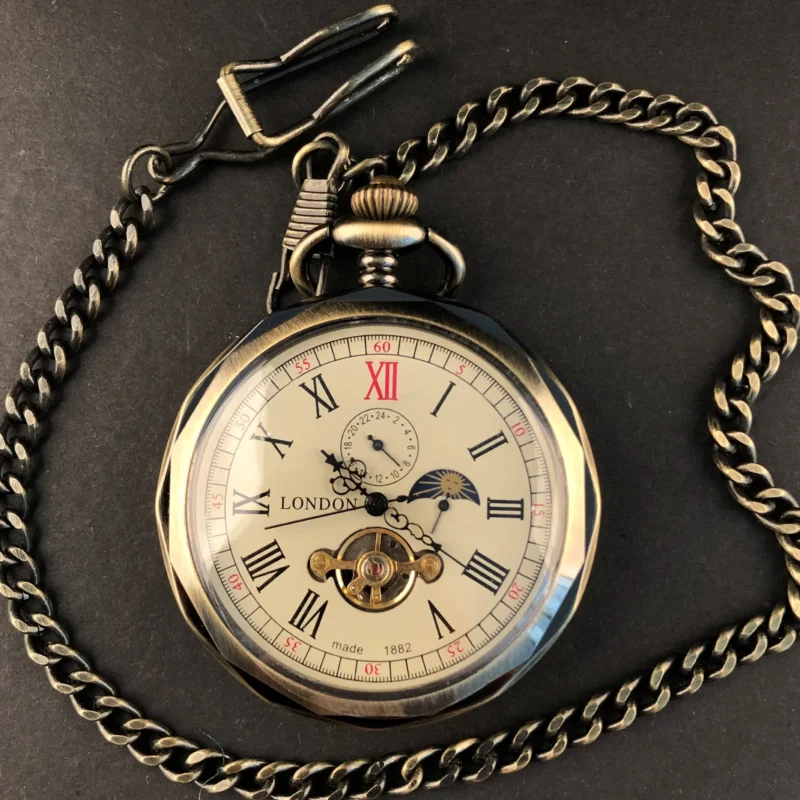 Vintage Mechanical Pocket Watch with Moon Phase and Roman Numerals Hand-Wound Steel Watch with Chain - Image 4
