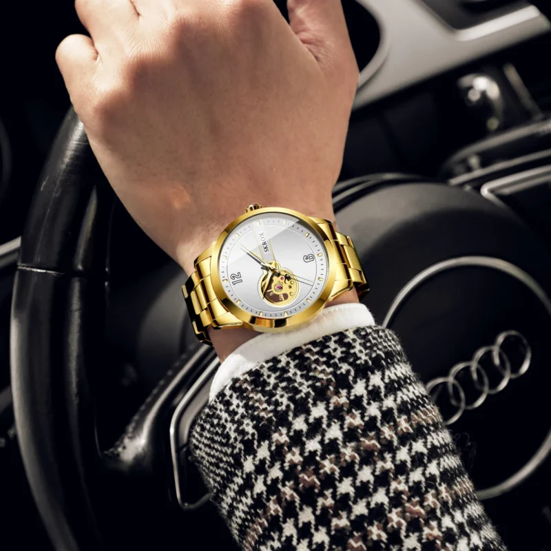 Skeleton Automatic Mechanical Watch with Exhibition Dial and Stainless Steel Bracelet - Image 4