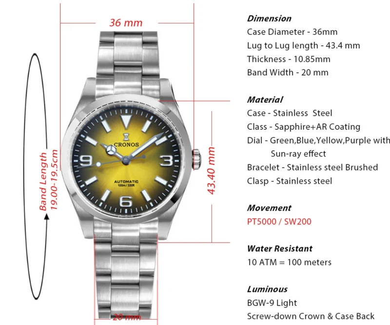 Classic Explorer Automatic Watch with Sapphire Crystal and Brushed Steel Bracelet - Image 3