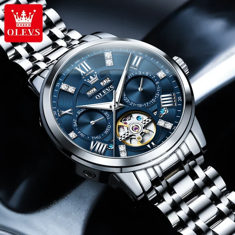Skeleton Automatic Watch with Dual Calendar Display Luminous Dial Stainless Steel Self-Wind Timepiece - Image 3