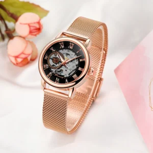 Ladies Open Heart Mechanical Watch with Rose Gold Skeleton Dial and Stainless Steel Mesh Strap