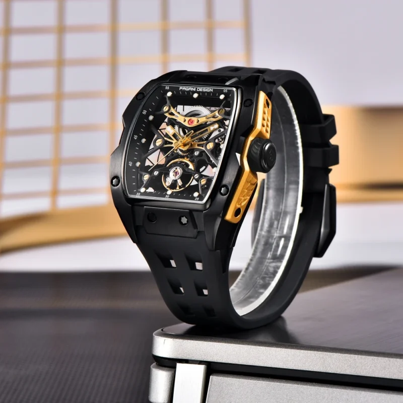 Skeleton Automatic Watch with Tonneau Case Sapphire Crystal and Silicone Strap - Image 6