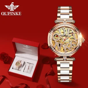 Luxury Women's Skeleton Automatic Watch with Sapphire Crystal and Ceramic Bracelet