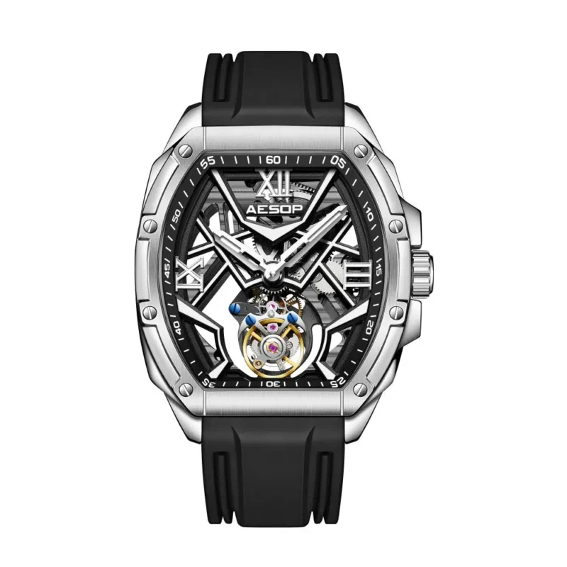 Luxury Skeleton Tourbillon Manual Wind Watch with Sapphire Crystal and Rubber Strap - Image 2