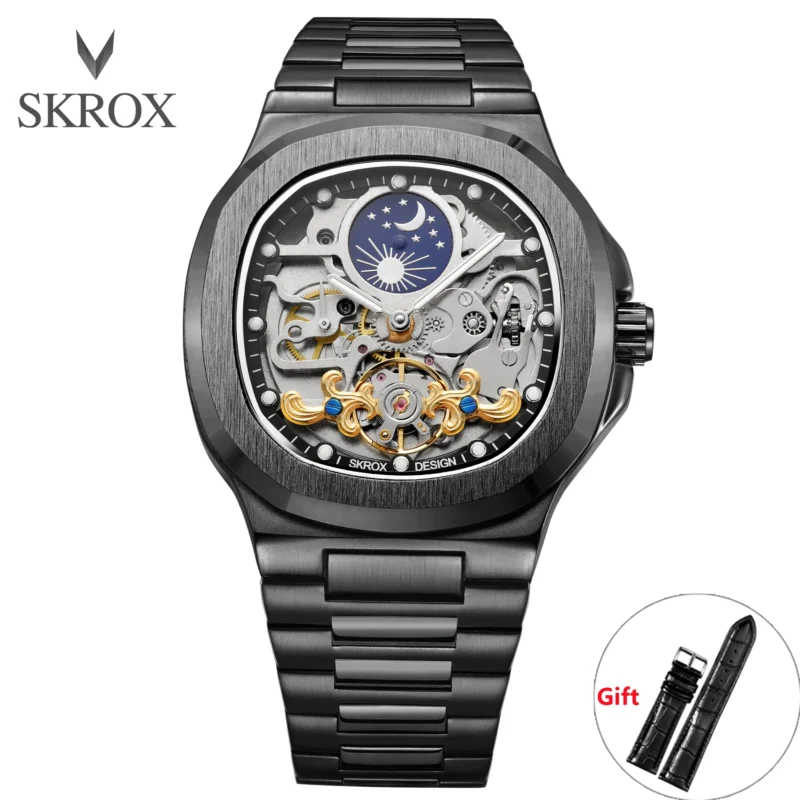 Square Skeleton Automatic Moon Phase Watch with Sapphire Crystal and Stainless Steel Bracelet - Image 11