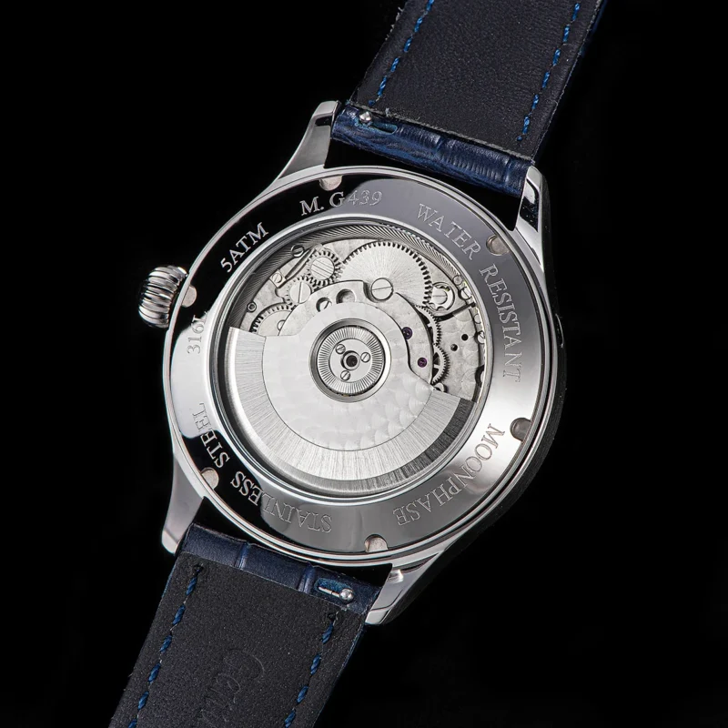 Luxury Moonphase Automatic Watch with Blue Sandstone Dial and Leather Strap - Image 3