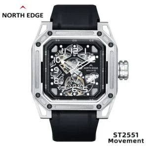 Square Skeleton Automatic Watch With Stainless Steel Case And Silicone Strap