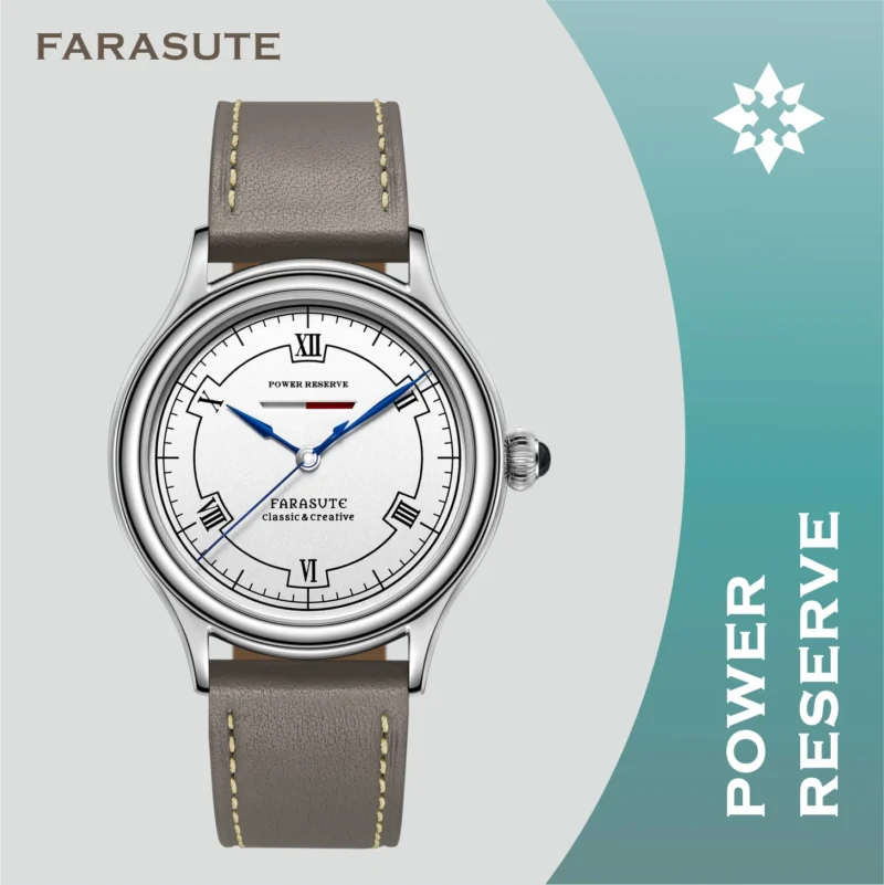 Luxury Oval Manual Wind Watch with Salmon Dial, Power Reserve, and Genuine Leather Strap