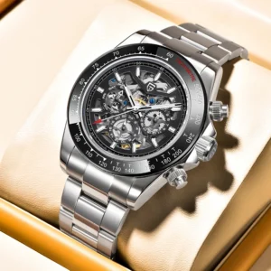 PAGANI DESIGN Luxury Automatic Dive Watch with Rainbow Bezel and Stainless Steel Bracelet