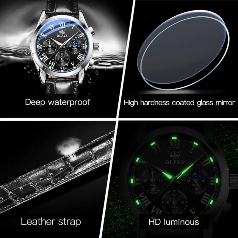 Elegant Moon Phase Quartz Watch with Leather Strap and Luminous Display - Image 6