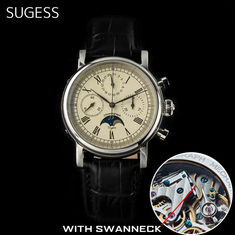 Luxury Mechanical Chronograph Watch with Moonphase Calendar and Swan Neck Movement