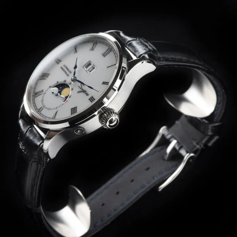 Luxury Automatic Moonphase Watch with Sapphire Crystal and Leather Strap - Image 5
