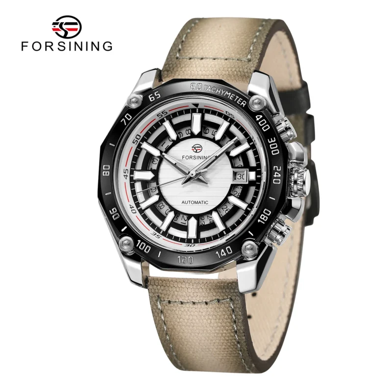 Skeleton Automatic Watch with Complete Calendar, Luminous Dial and Orange Leather Strap - Image 7