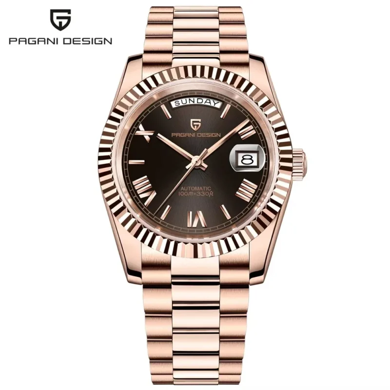 Luxury Automatic Rose Gold Watch with Sapphire Crystal and Complete Calendar Steel Bracelet - Image 11