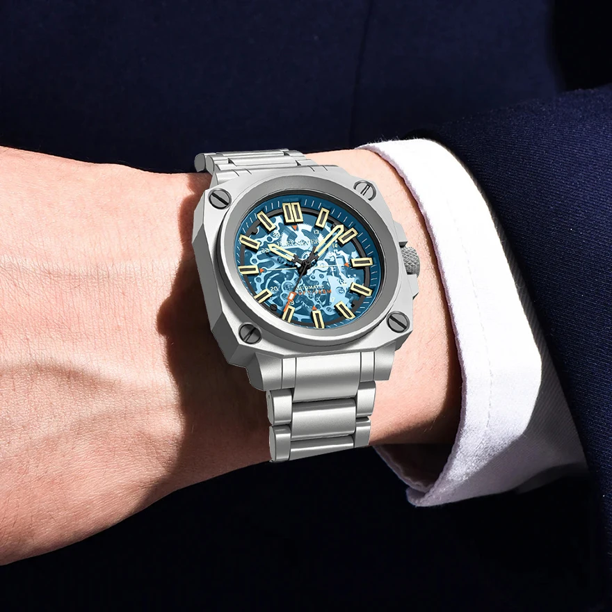 Elegant skeleton watch displaying full movement visibility through transparent dial