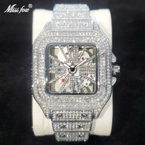 Square Diamond Luxury Skeleton Quartz Watch with Stainless Steel Bracelet