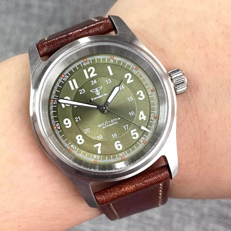 Vintage Bronze 36mm Automatic Pilot Watch with Sapphire Crystal and Leather Strap - Image 7