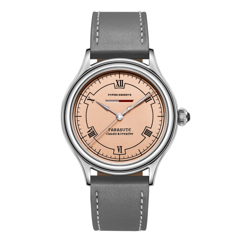 Luxury Oval Manual Wind Watch with Salmon Dial, Power Reserve, and Genuine Leather Strap - Image 7