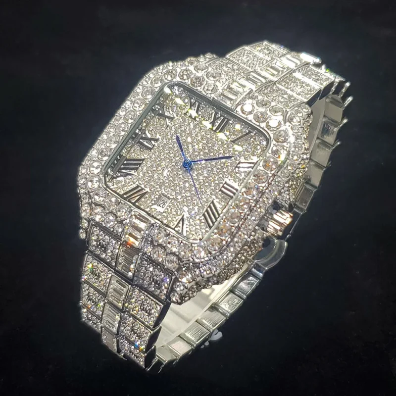 Square Diamond Iced Out Quartz Watch with Stainless Steel Bracelet - Image 2