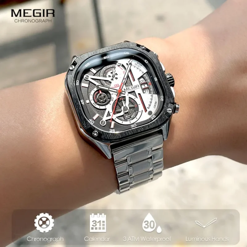Square Chronograph Quartz Watch with Stainless Steel Bracelet and Luminous Hands - Image 3