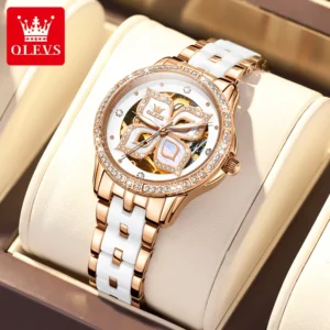 Elegant Ladies Automatic Butterfly Dial Watch with Ceramic Band and Luminous Display