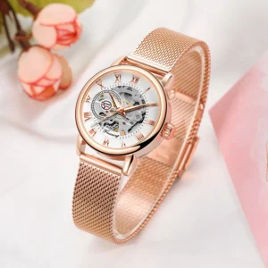 Ladies Luxury Skeleton Mechanical Watch with Stainless Steel Bracelet
