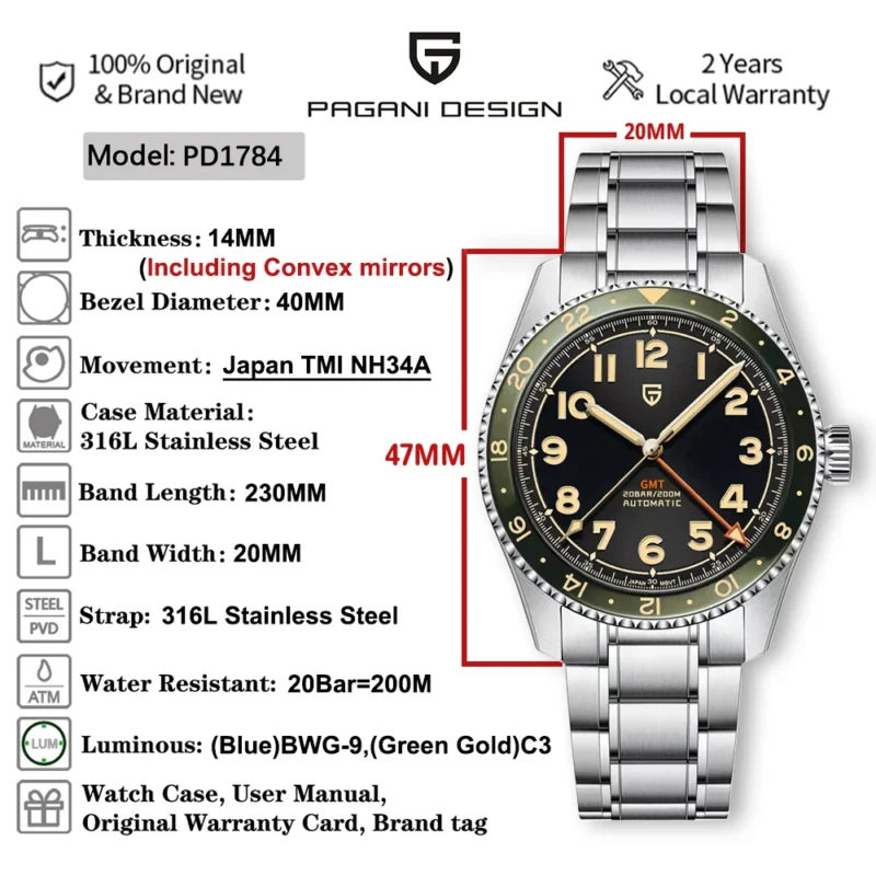 GMT Automatic Mechanical Watch with Sapphire Crystal and Stainless Steel Bracelet - Image 2