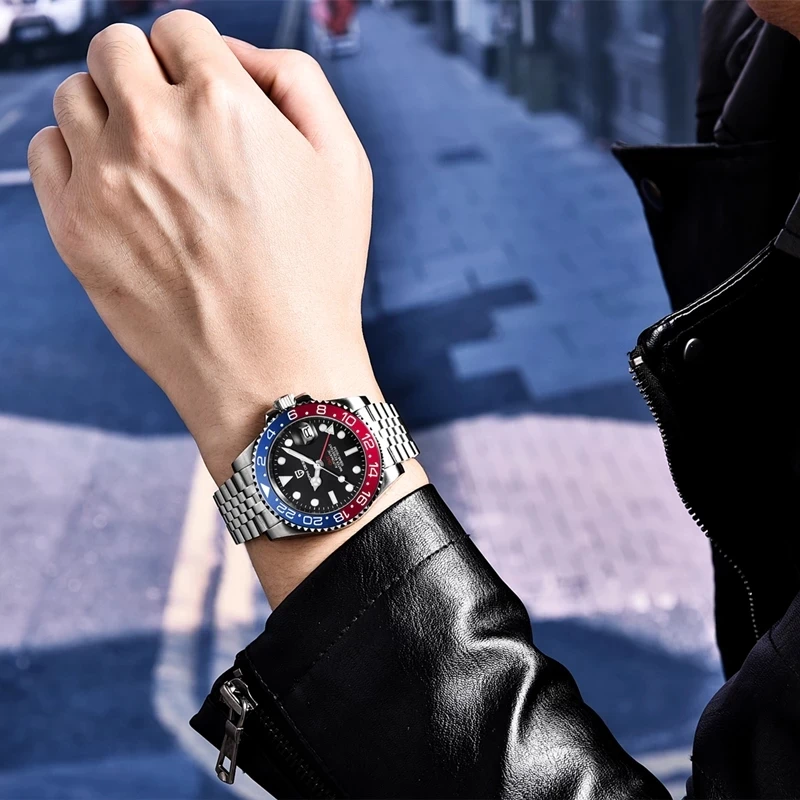 GMT world timer watch showing multiple time zones