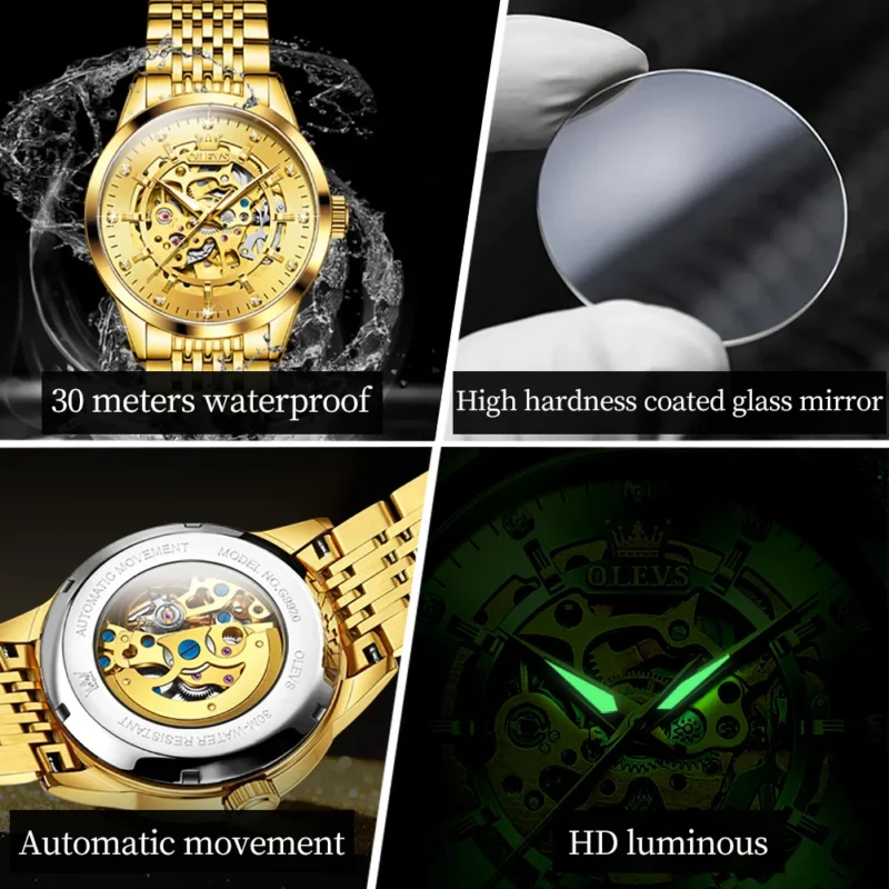 Luxury Skeleton Automatic Watch with Stainless Steel Case and Luminous Display - Image 2